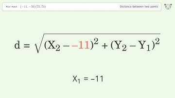 Find the distance between two points p1 (-11,-59) and p2 (55,70): Step-by-Step Video Solution