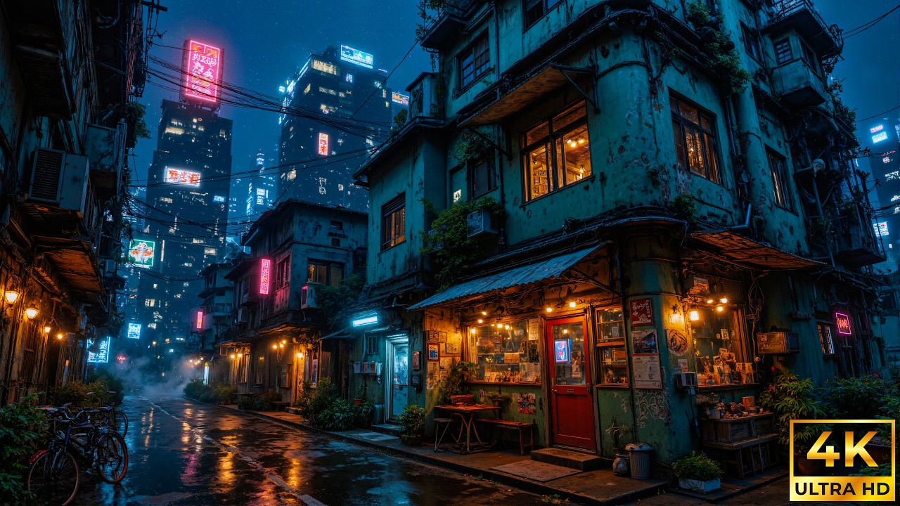 The Quiet Street Beneath the Neon Skyline | Cozy Cyberpunk Rain Ambience & Relax Ambient | 4K