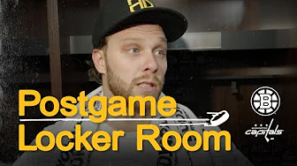 David Pastrnak, Jeremy Swayman, and Elias Lindholm talk after the B's 3-1 W @ WSH
