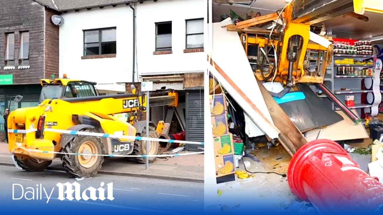 Moment thief smashes into supermarket with stolen JCB crane