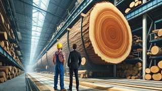 The giant wood factory operates at full capacity, sawing huge trees with beautiful grain