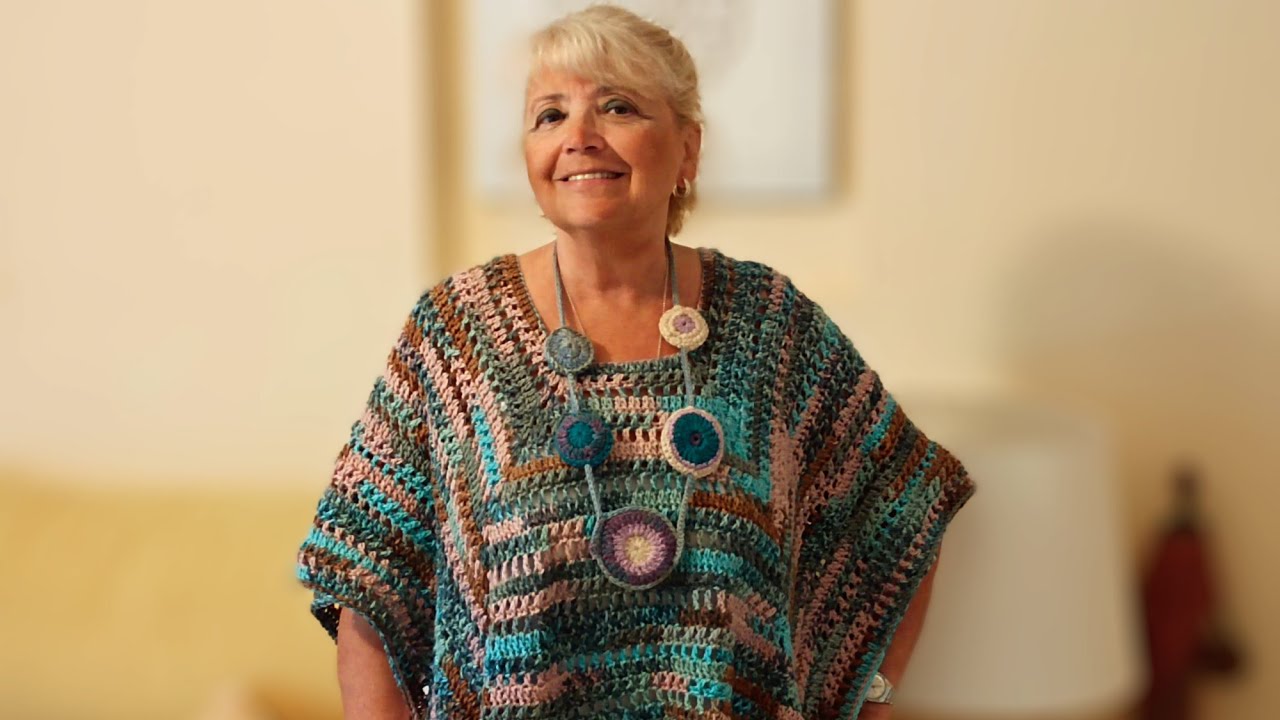 En crochét, PONCHO CON CUELLO DE CANESÚ RECTANGULAR, PASO A PASO, MUY FÁCIL