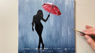 Walking in the Rain / Acrylic Painting for Beginners / Red Umbrella #77