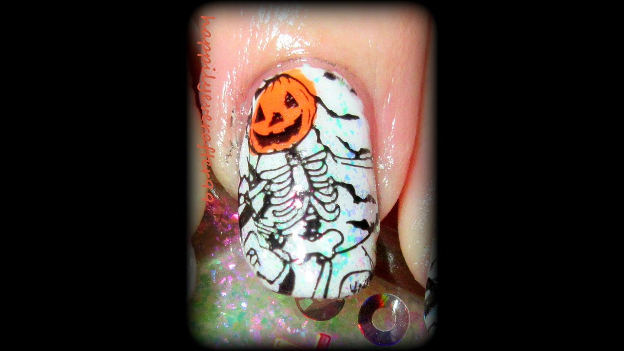 Spooky Scary Skeletons Nail Art Stamping on Holo Taco Cosmic Unicorn Skin