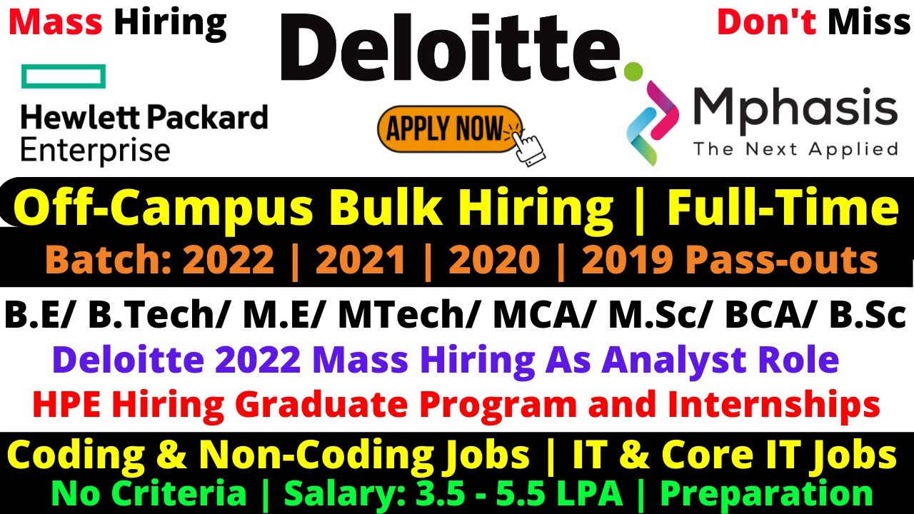 Deloitte | HPE | Mphasis Mass Hiring 2022 | Core IT Job | Any Graduates | Any Batch | Must Apply Now