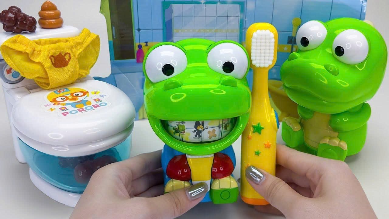 [toy asmr] Pororo Krong Toilet & Toothbrush Playset ASMR 욕실놀이 장난감 | Satisfying Toy Unboxing