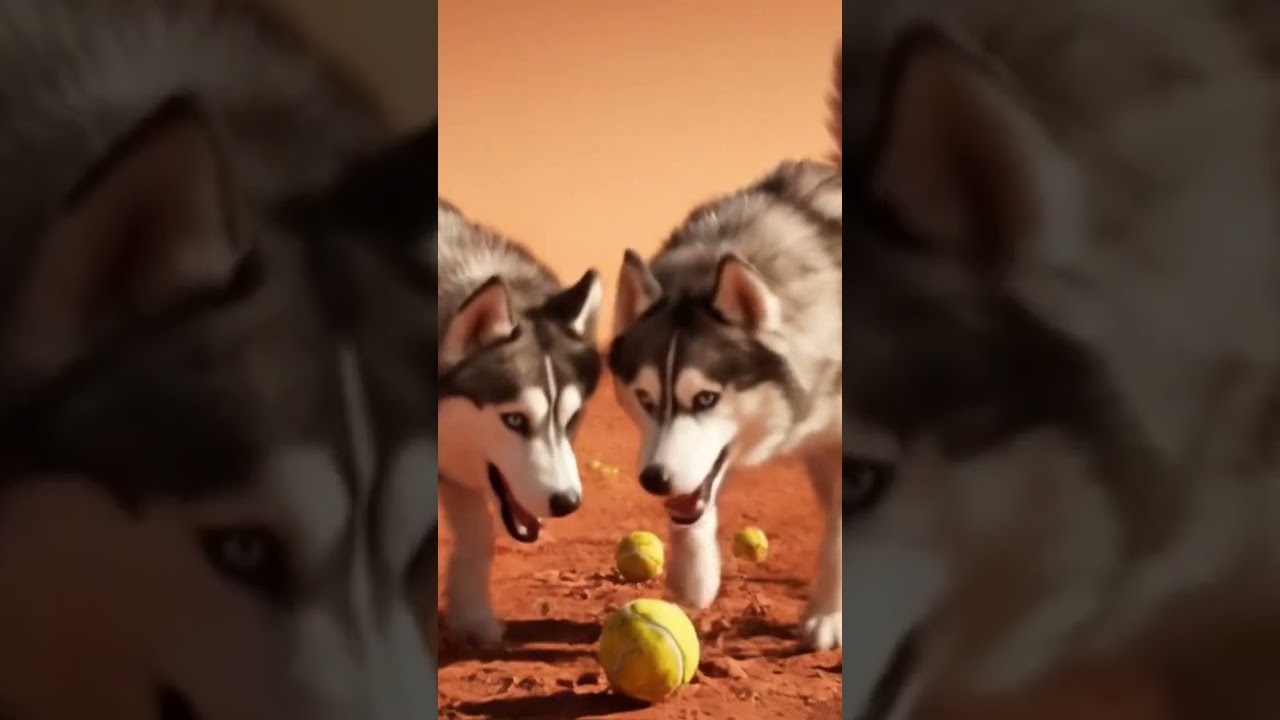 group huskey's running after balls at planet Mars 