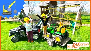 Demolishing broken playset with toy construction trucks. Educational how excavators demo | Kid Crew