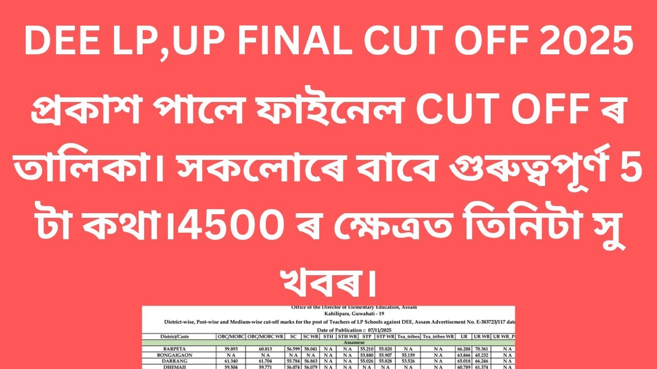 LP UP 5550 Teachers CUT OFF 2025/DEE LP UP Teachers final selection list/ASSAM TET 