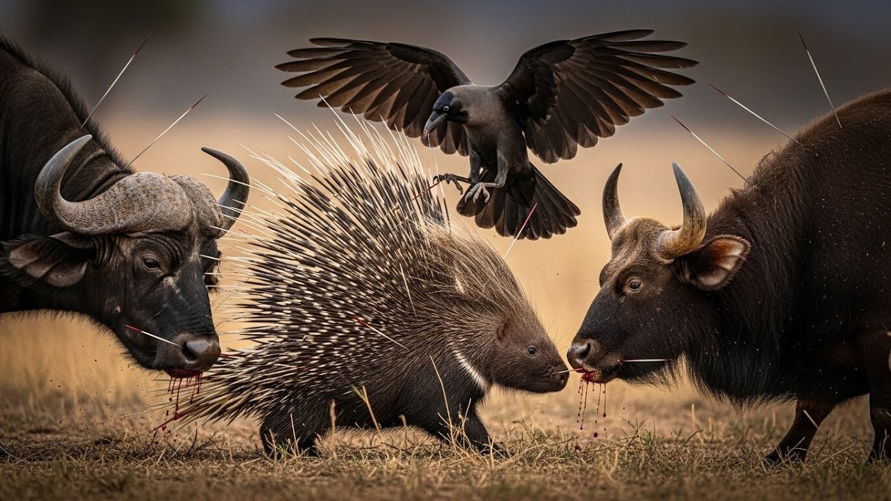 porcupine vs Gaur, Cape Buffalo, Crow/Raven - who survive?