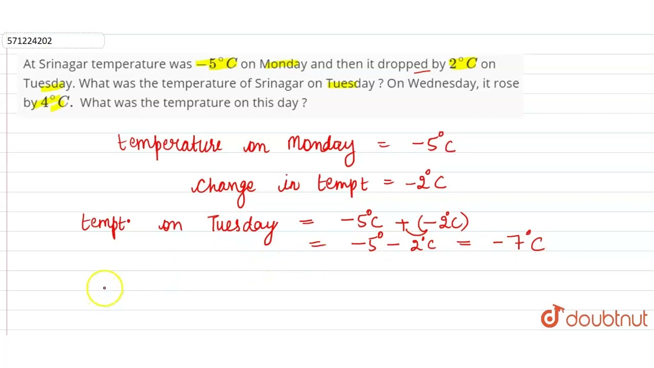 At Srinagar temperature was -5^@ C on Monday and then it dropped by 2^@ C on Tuesday. What was t...