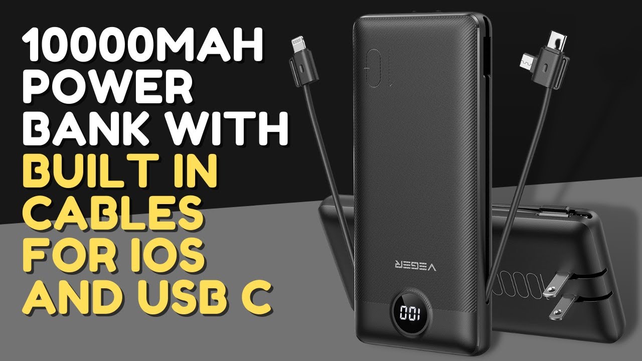 10000mAh Power Bank with Built in Cables for iOS and USB C by VEGER