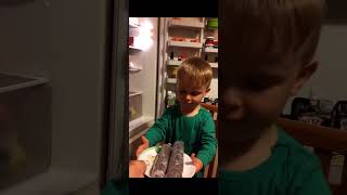 Little boy places plate of food in refrigerator then falls off kitchen chair
