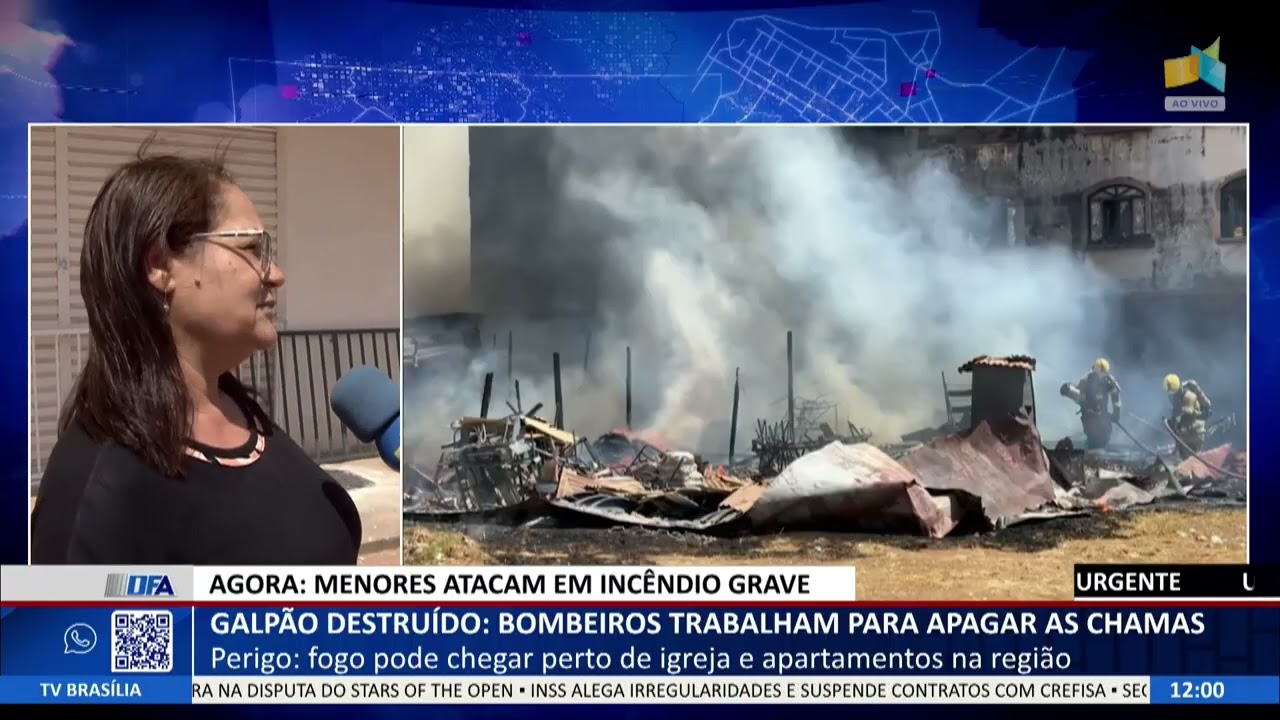 DF ALERTA - Galpão destruído: bombeiros trabalham para apagar as chamas