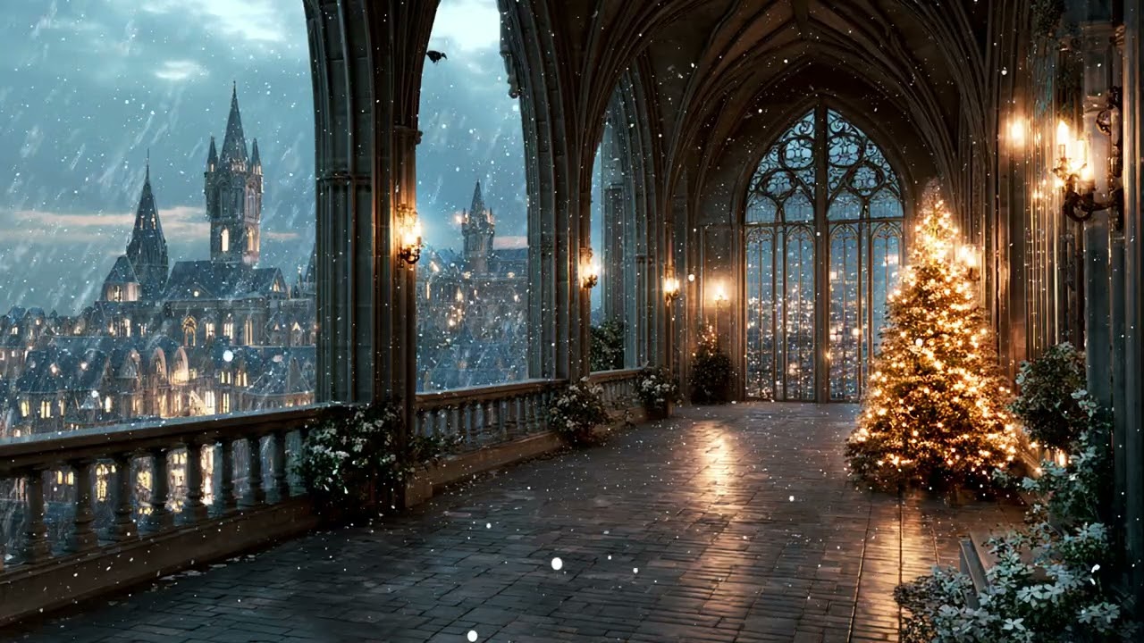 Piano ASMR by the Castle Balcony with Falling Snow and Candlelit Warmth for Peaceful Winter Sleep