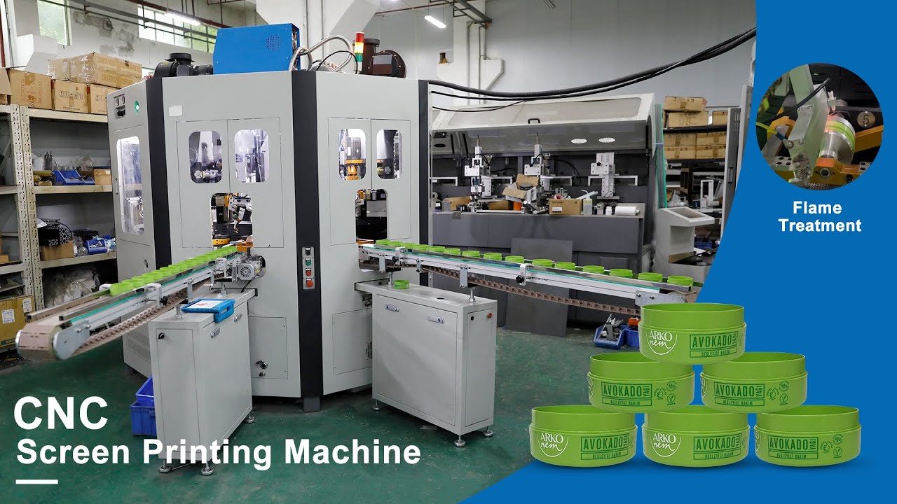 CNC106 two colors plastic jar screen printing machine with flame treatment