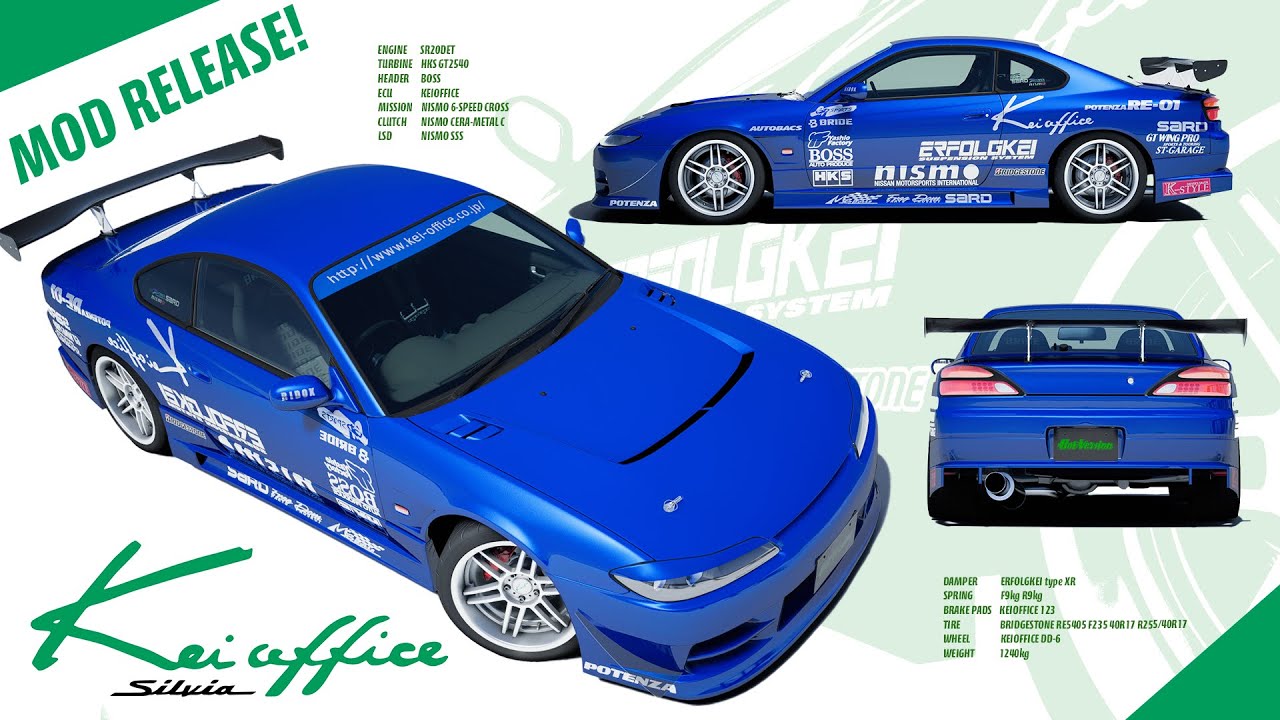 ヨコモ S15 SILVIA KEI OFFICE ボディー Nissan S15 Silvia Kei Office w/ Livery, Wing, 1-10 Body Set