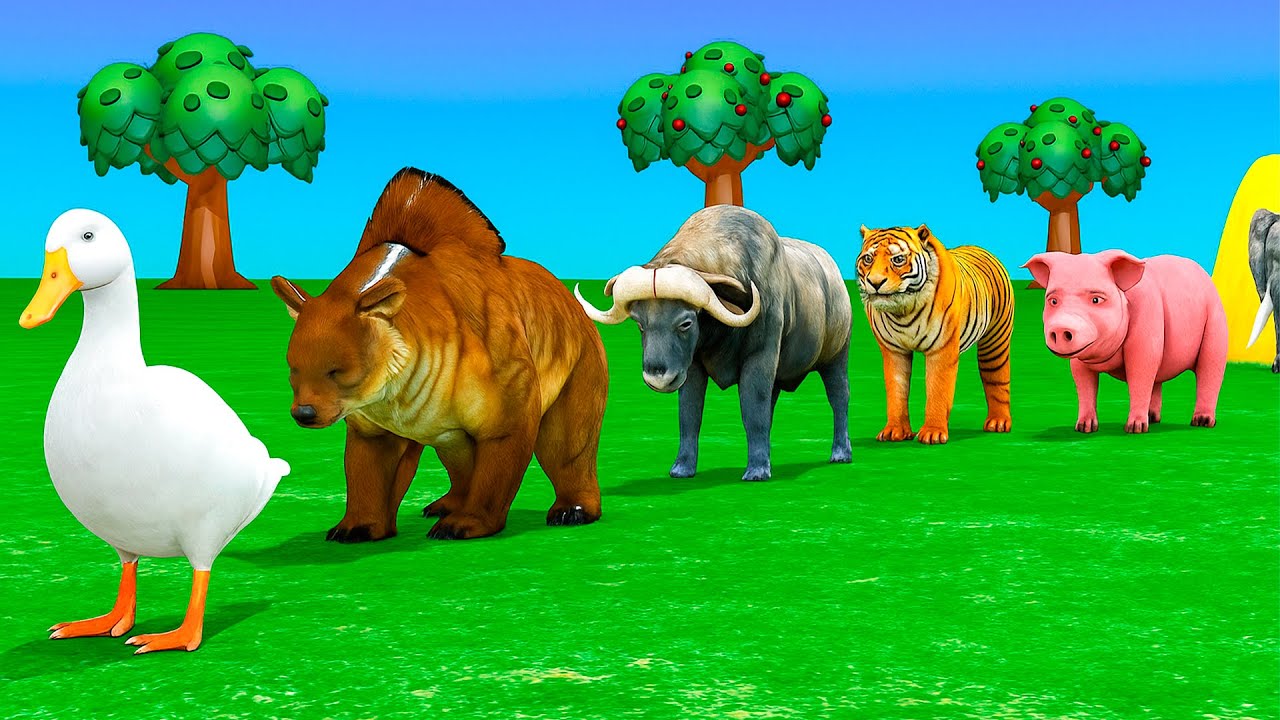 Long Slide Game With Cow Elephant Gorilla Hippopotamus Tiger - 3d Animal Game - Funny 3d Animals