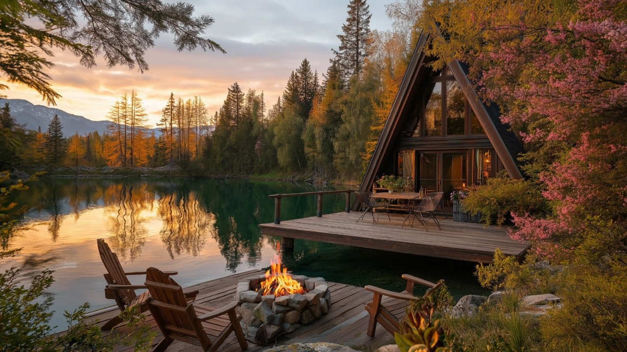 The Most Peaceful Spring Morning Cabin You'll Ever See 🌸 | Cozy Campfire , Lakeside Nature Ambience