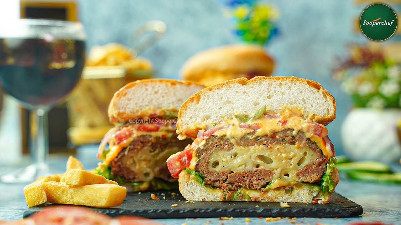 Mac & Cheese Stuffed Beef Burger Recipe (Beef Burger Recipe) by SooperChef | Bakra Eid Recipes