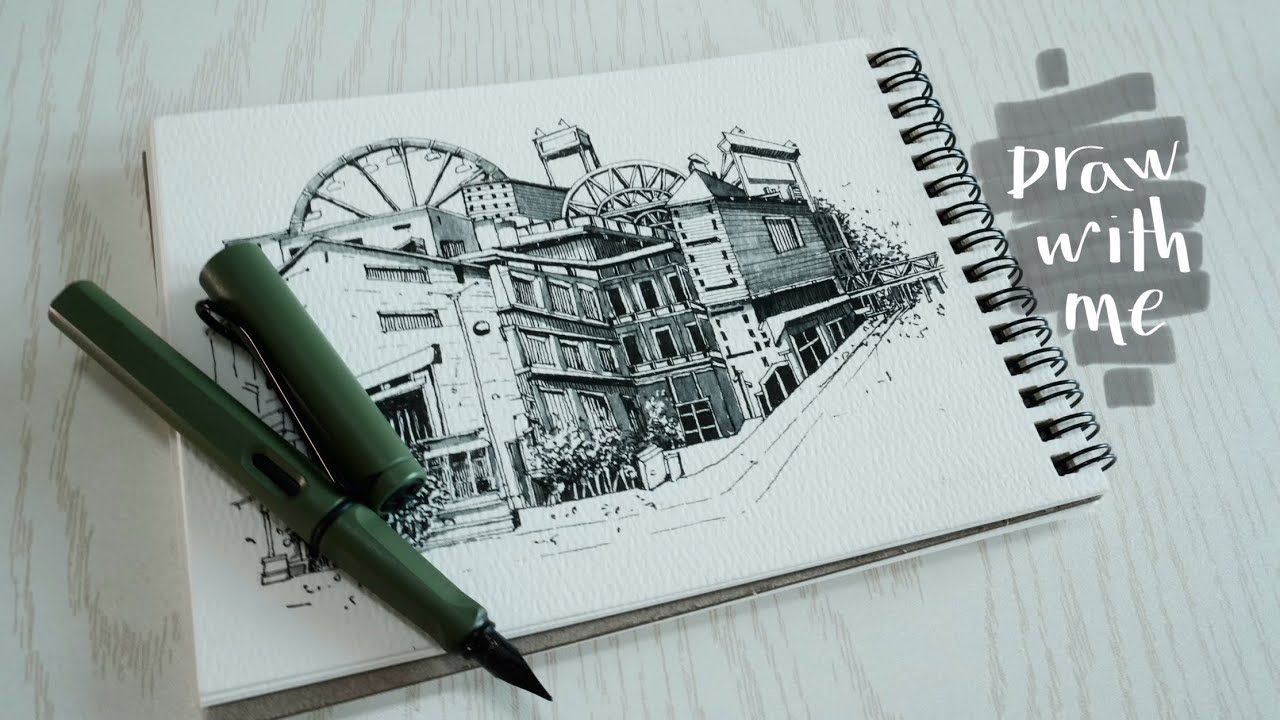 ink drawing with fountain pen| Urban sketching in sketchbook - YouTube