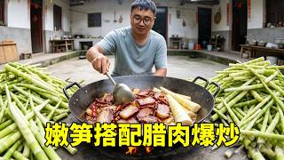 Dongbao Harvests a Basket Full of Tender Bamboo Shoots from the Deep Mountains, Pickled with Chil...