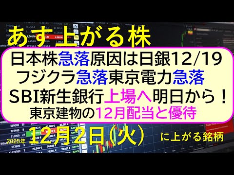 あす上がる株　2025年１２月２日（火）に上がる銘柄。日本株急落原因は日銀。フジクラ急落、東京電力急落。SBI新生銀行上場へ。東京建物の１２月配当。～最新の日本株情報。高配当株の株価やデイトレ情報～