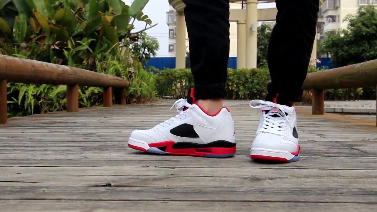 jordan 5 low fire red on feet
