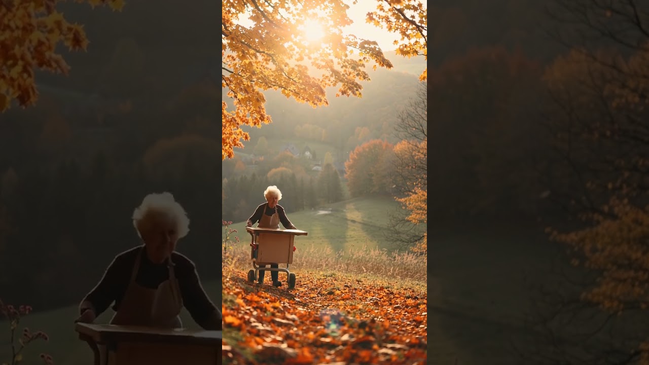 Grandma Pushing a Wheelbarrow in the Village 🍁