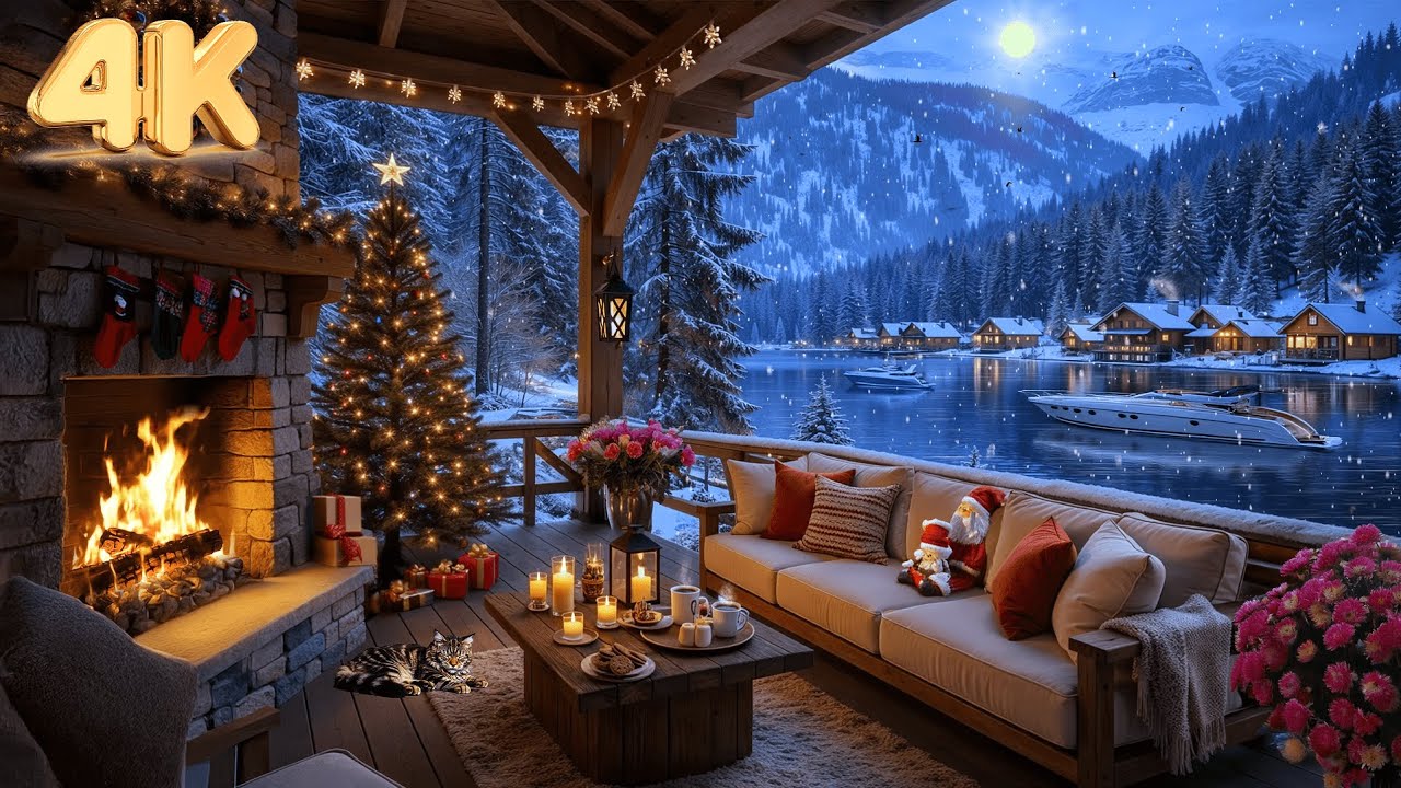 Relaxing Winter Porch by Quiet Lake With Fireplace ❄ Warm Jazz Piano Music for Study, Work & Coffee