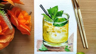 How to paint a juice glass| Mocktail painting 🍹| watercolor painting tutorial for beginners| cooler