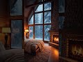 Snowy window and cozy fireplace in a cabin bedroom 🔥❄️