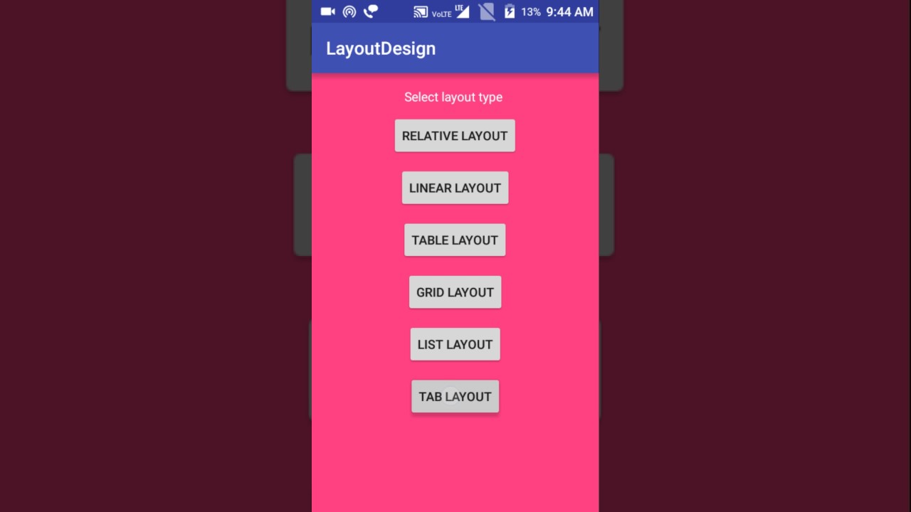 Android layout type relative layout, linear, table, tab,grid