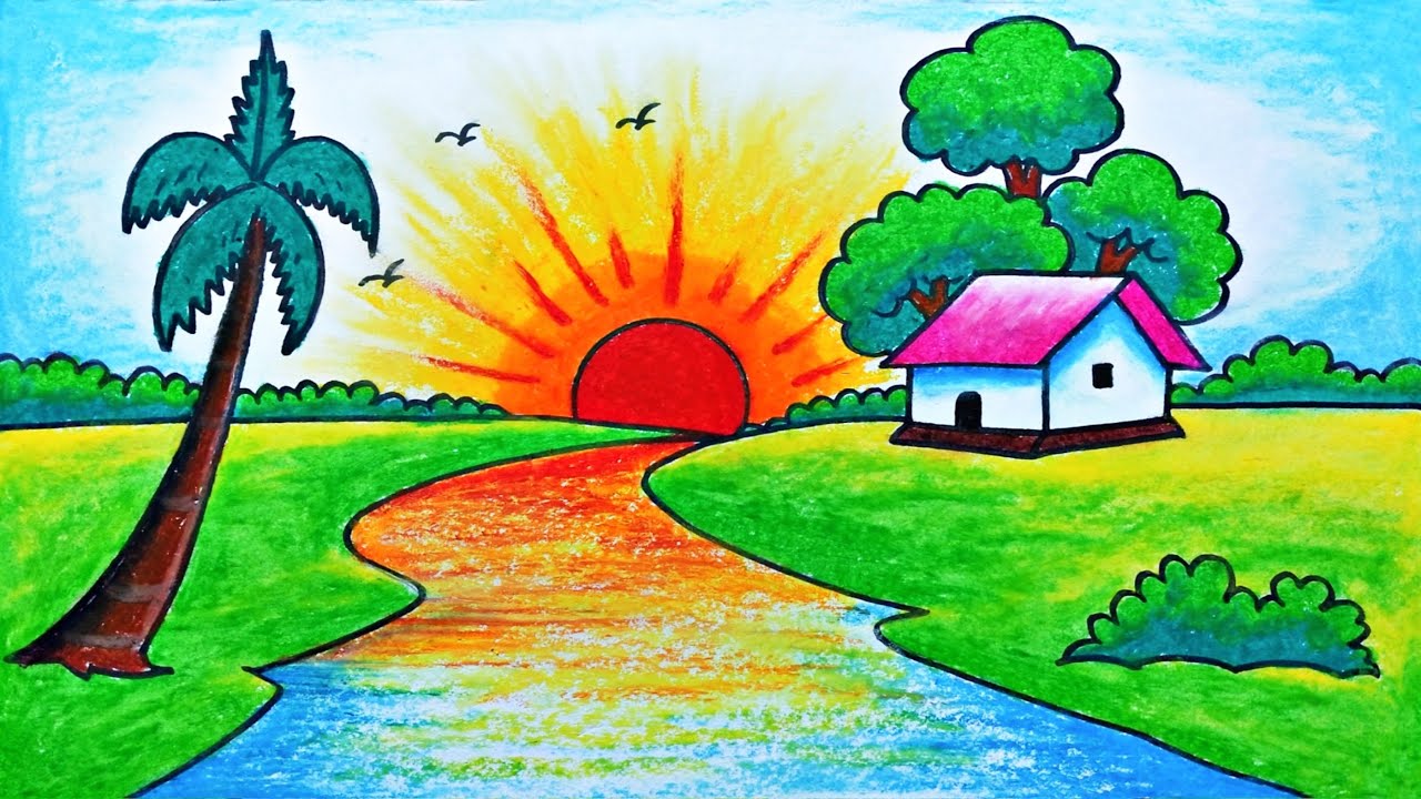BEAUTIFUL SUNRISE SCENERY DRAWING HOW TO DRAW EASY NATURE SCENERY