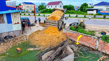 Nicely New Project! Landfill in flooded area, Dozer D20P KOMATSU & 5 T Truck Pushing Soil Into Water