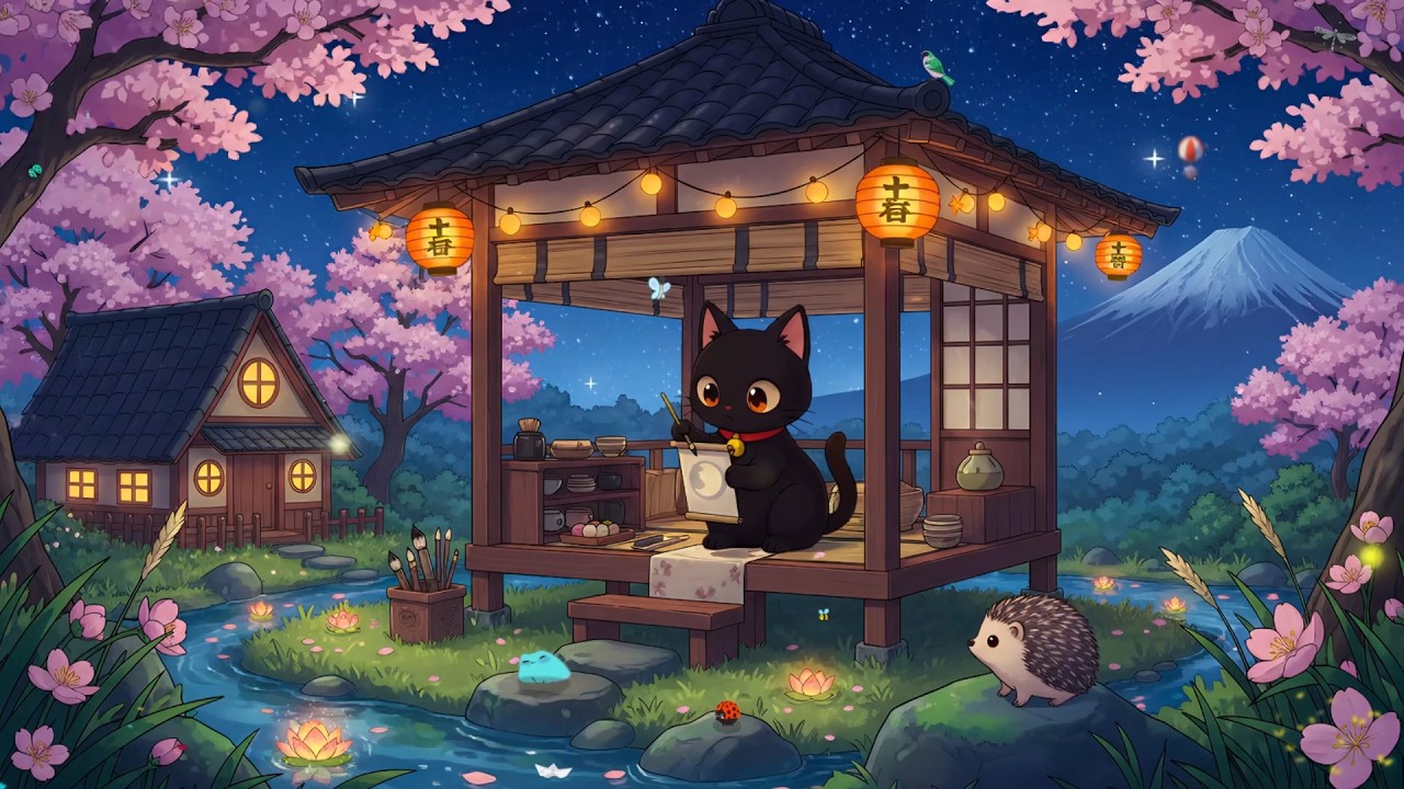 Midnight in the Tea House with Kitty's 🍵 Magical Lofi Cat Mix ✨ Chill Beats for Relaxing & Sleeping