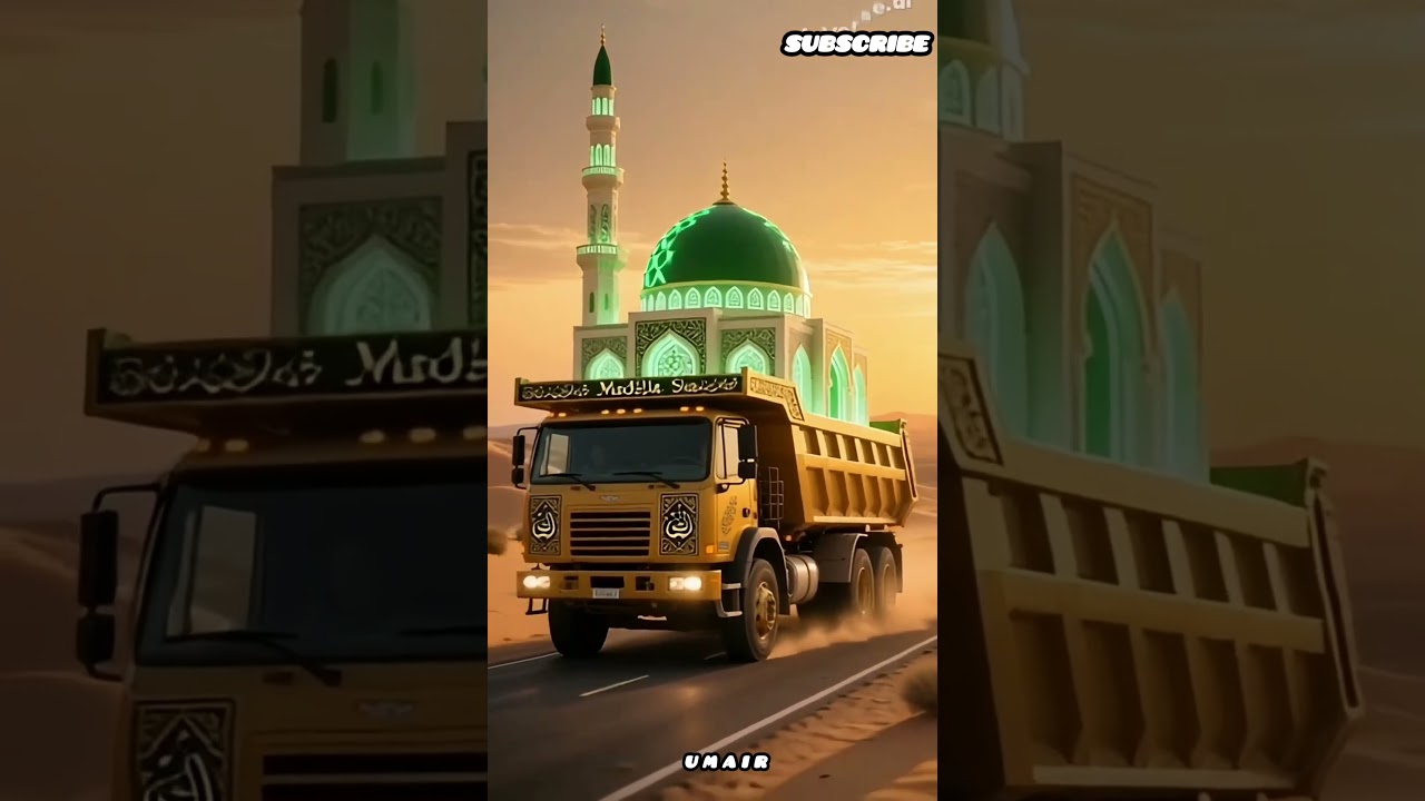 Desert Dumper Carrying 3D Madina – Cinematic Islamic Visuals in 4K” 