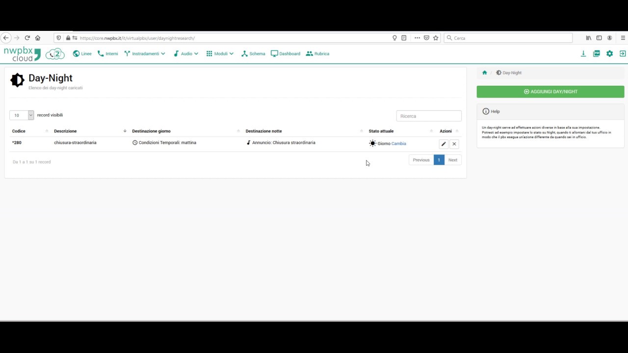 NwPbx Cloud centralino virtuale – Menu day-night