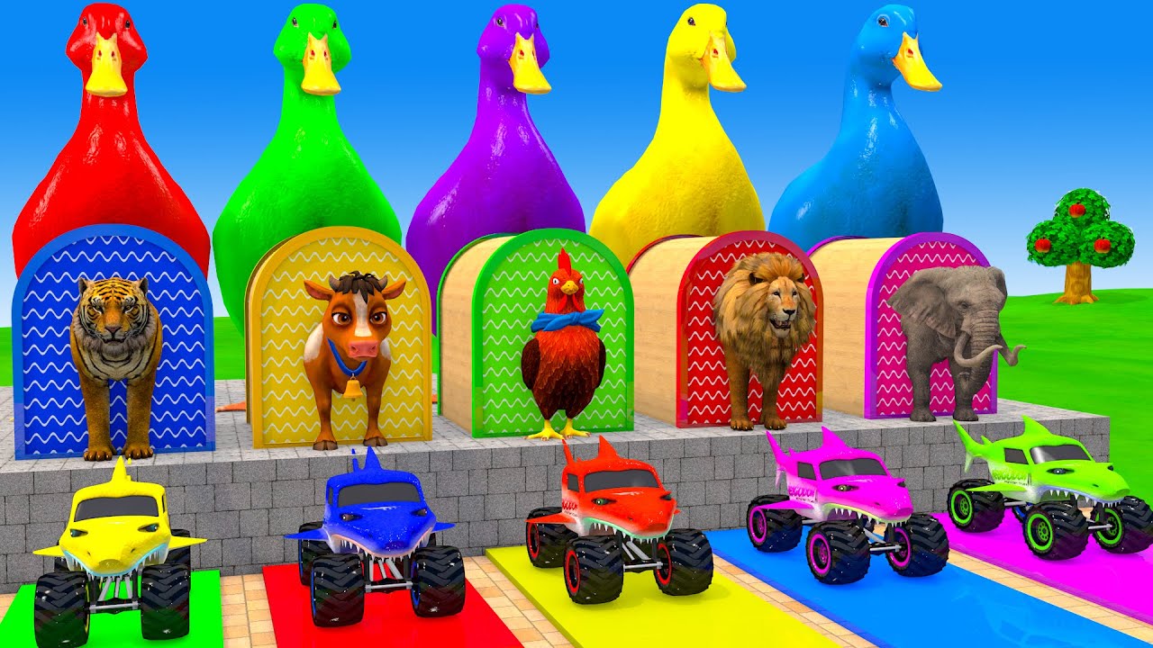 Long Slide Game With Cow Elephant Gorilla Hippopotamus Tiger - 3d Animal Game - Funny 3d Animals