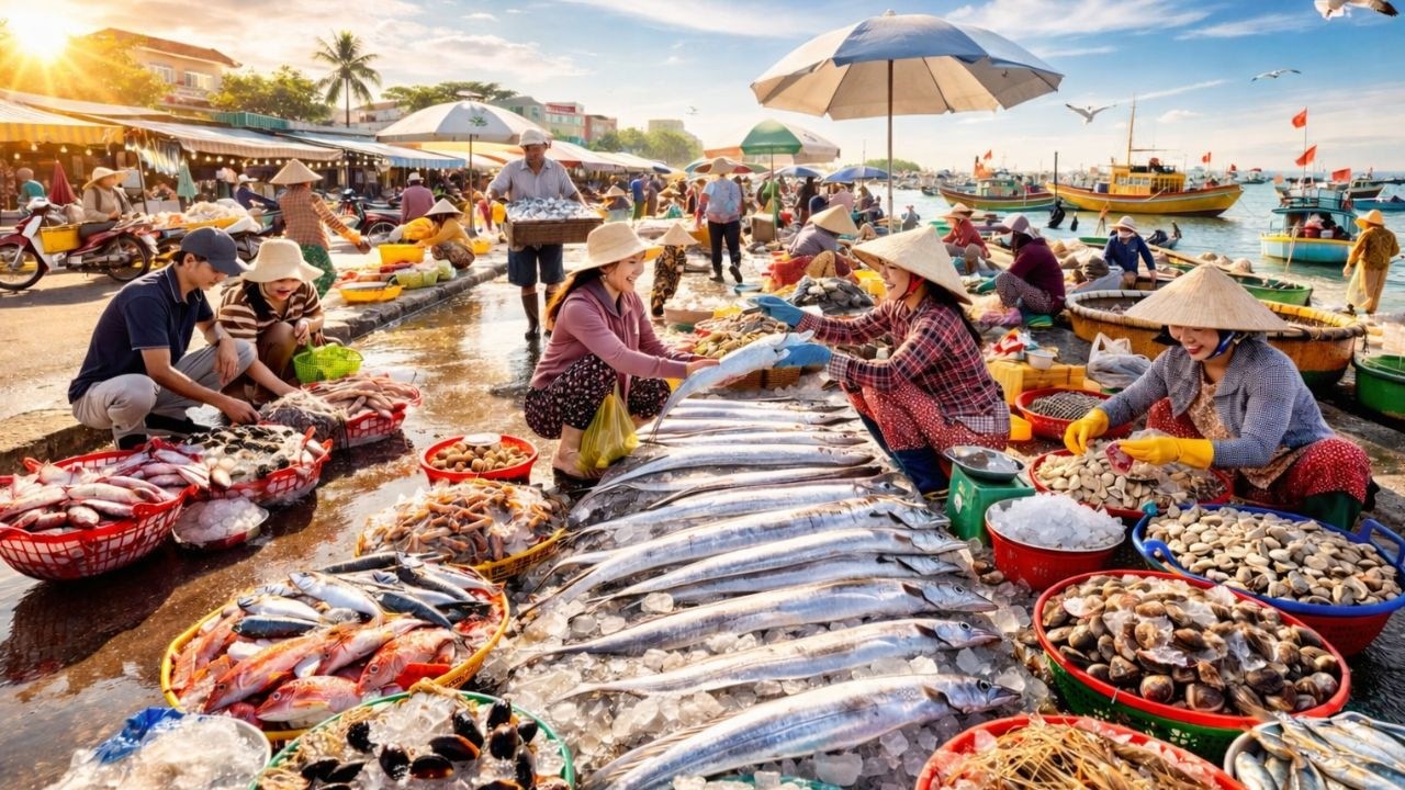 Theo chân ngư dân về chợ cá Thanh Hải Phan Thiết náo nhiệt khi thuyền cập bờ
