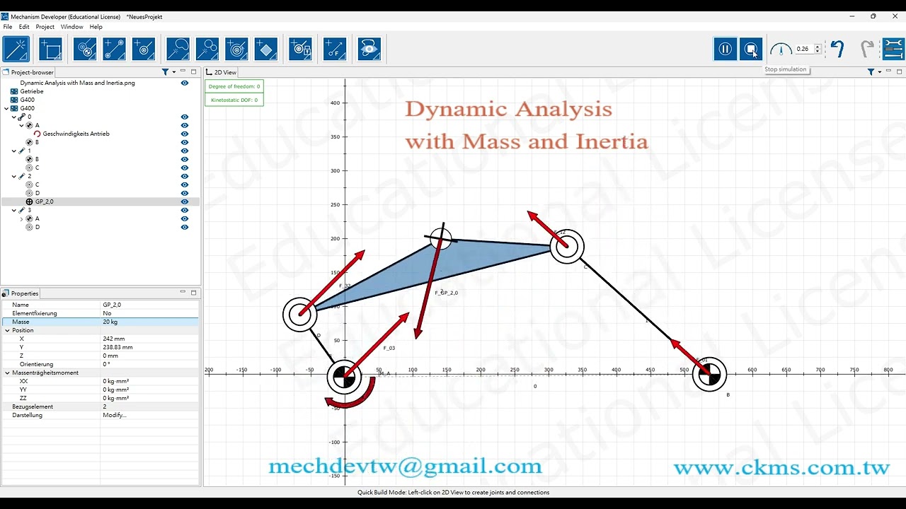 3.5 Force Analysis : Dynamic Analysis with Mass and Inertia(具質量與轉動慣量的四連桿組動力分析)