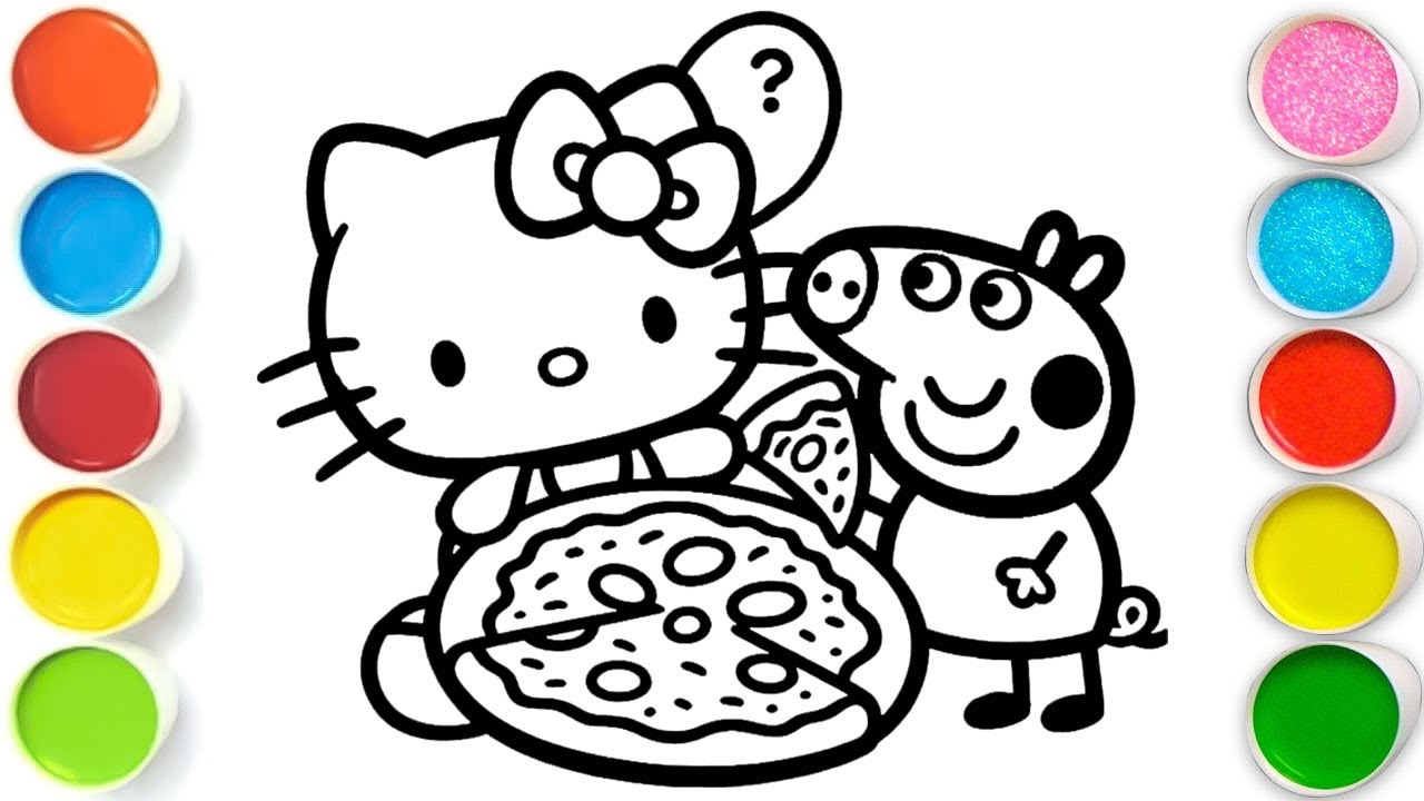 Hello Kitty and Peppa Pig sharing a pizza Drawing, Painting & Coloring For Kids and Toddlers