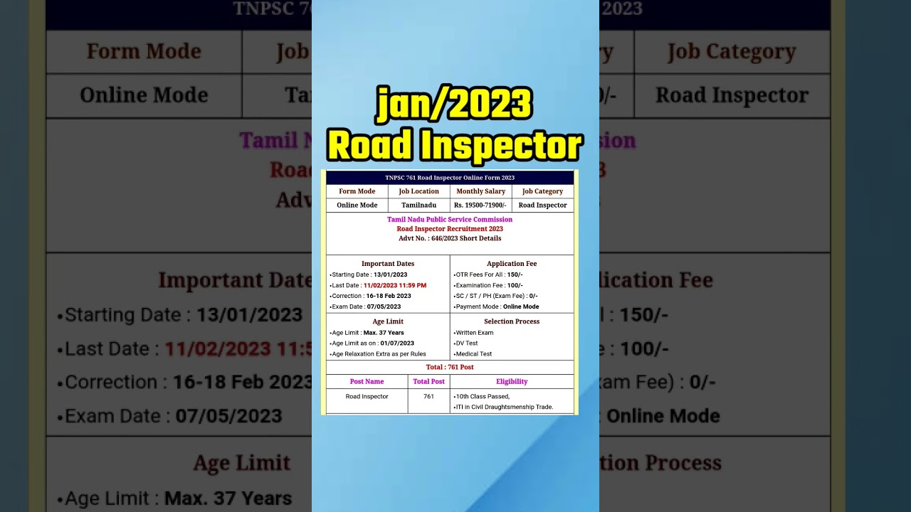 TNPSC Road inspector notification 2023 || 