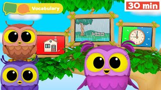 Hoot, Scoot & What | Learn Vocabulary for Kids | First Words | Animals for Babies | First University