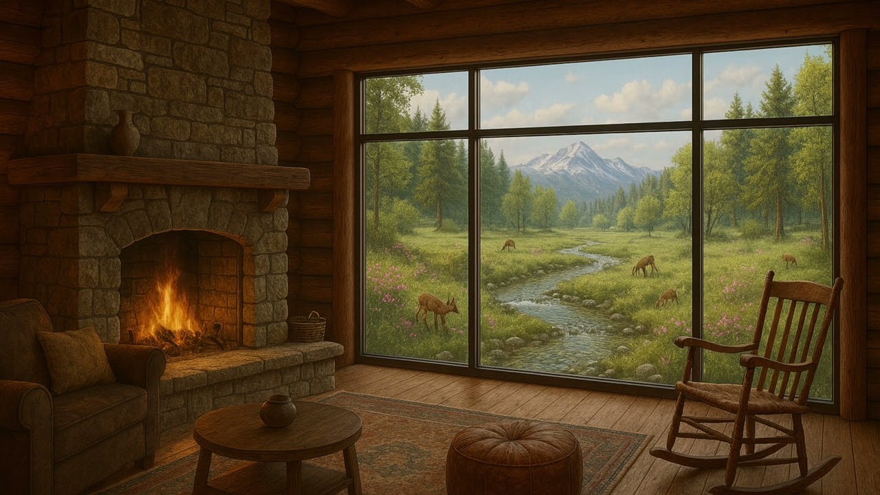 Relax in Spring Cabin – Ambient Fireplace, Forest View, Birds, Blooming Nature