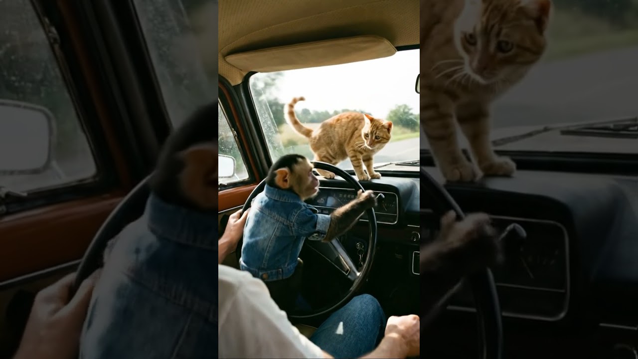 Australian Monkey learn to drive a car with cat 