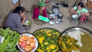 Potato & Green Pumpkin leaf mix recipe with Rice Village style making & Eating || Yummy Village Food