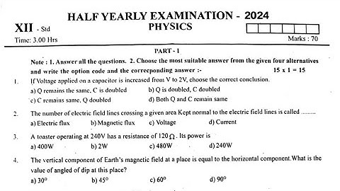 12th physics Half yearly Exam Original Question paper 2024|English medium