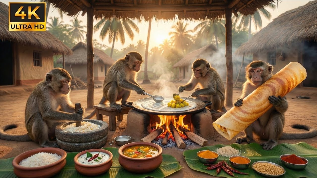 🐒 बंदरों ने बनाई Stone-Ground Idli & Coconut Chutney 😱 | Monkey Cooking South Indian Village Style