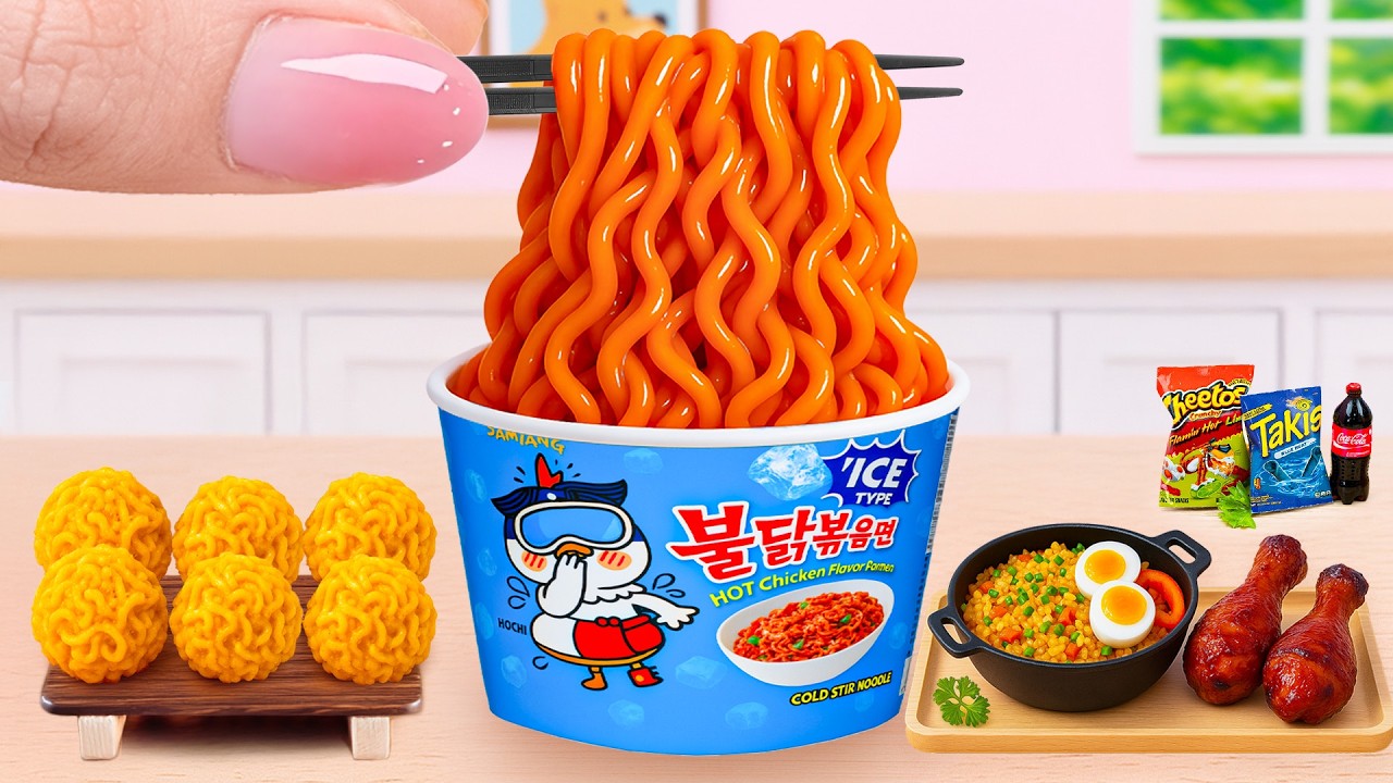 How To Cook Miniature Spicy Ramen with Fried Rice & Chicken Drumsticks by Tony Mini Food